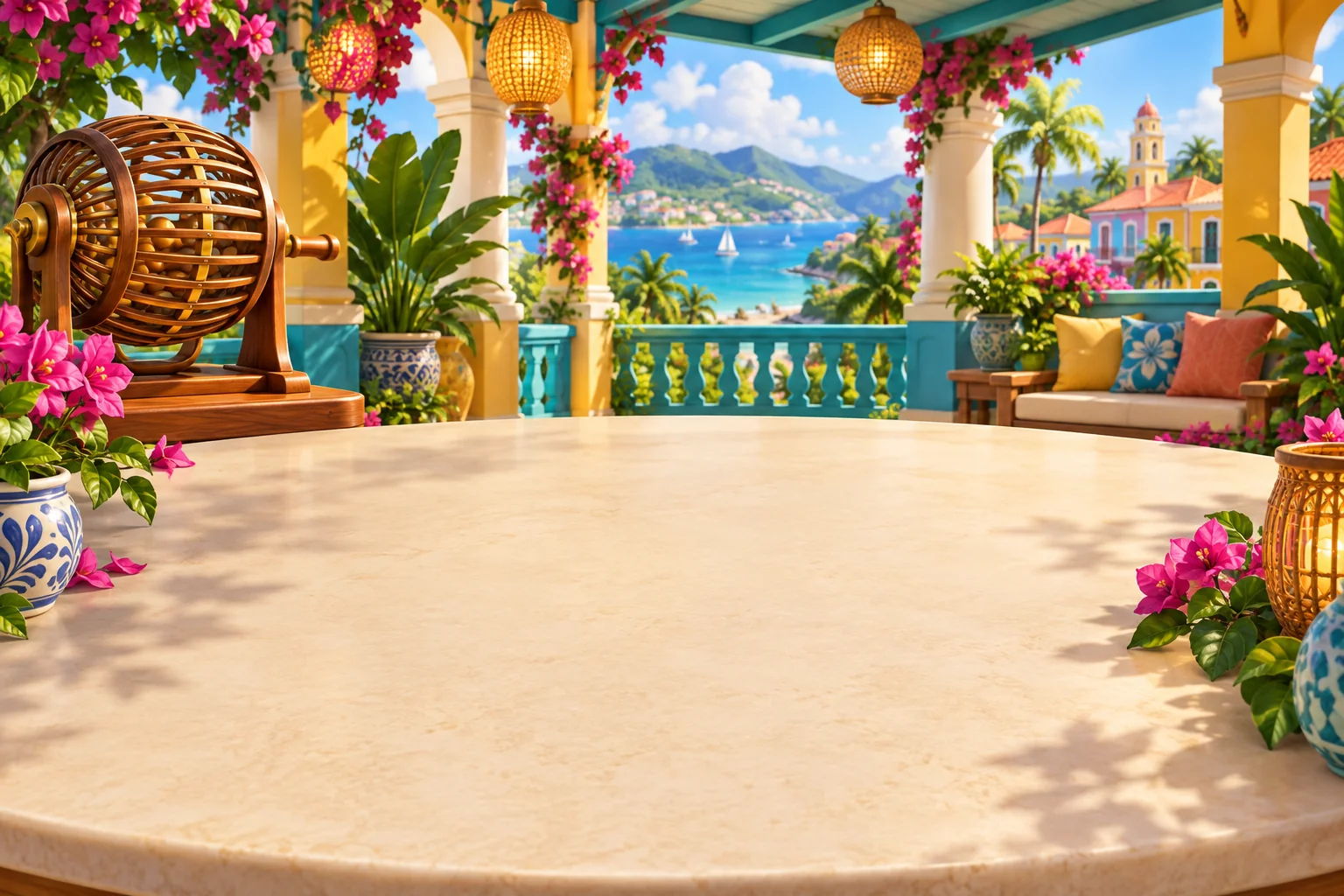 Original garden patio with a wooden bingo tumbler and colorful balls