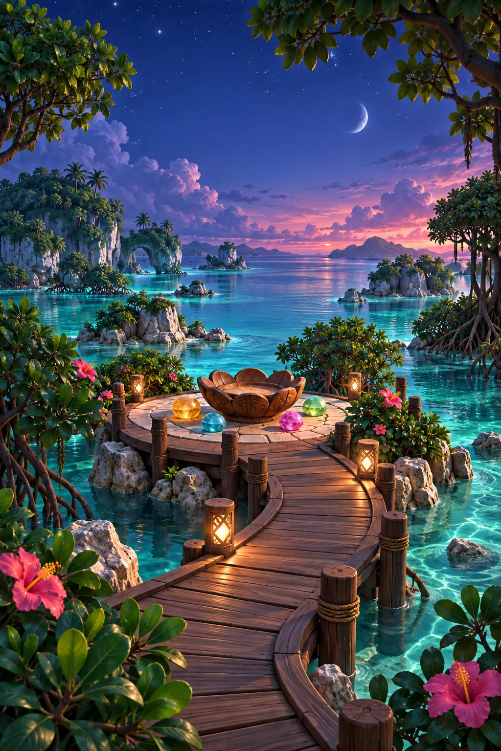 A moonlit mangrove lagoon with a wooden trail and luminous stones