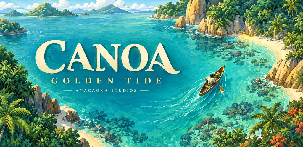 Canoa: Golden Tide illustrated key art: a paddler crossing a bright turquoise Caribbean lagoon