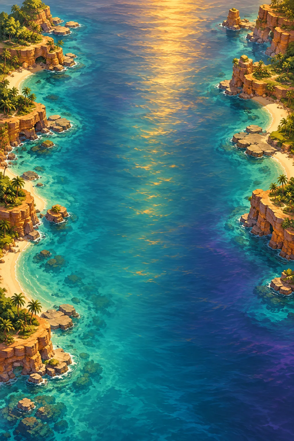 Original Canoa chapter artwork of golden sunlight between island headlands