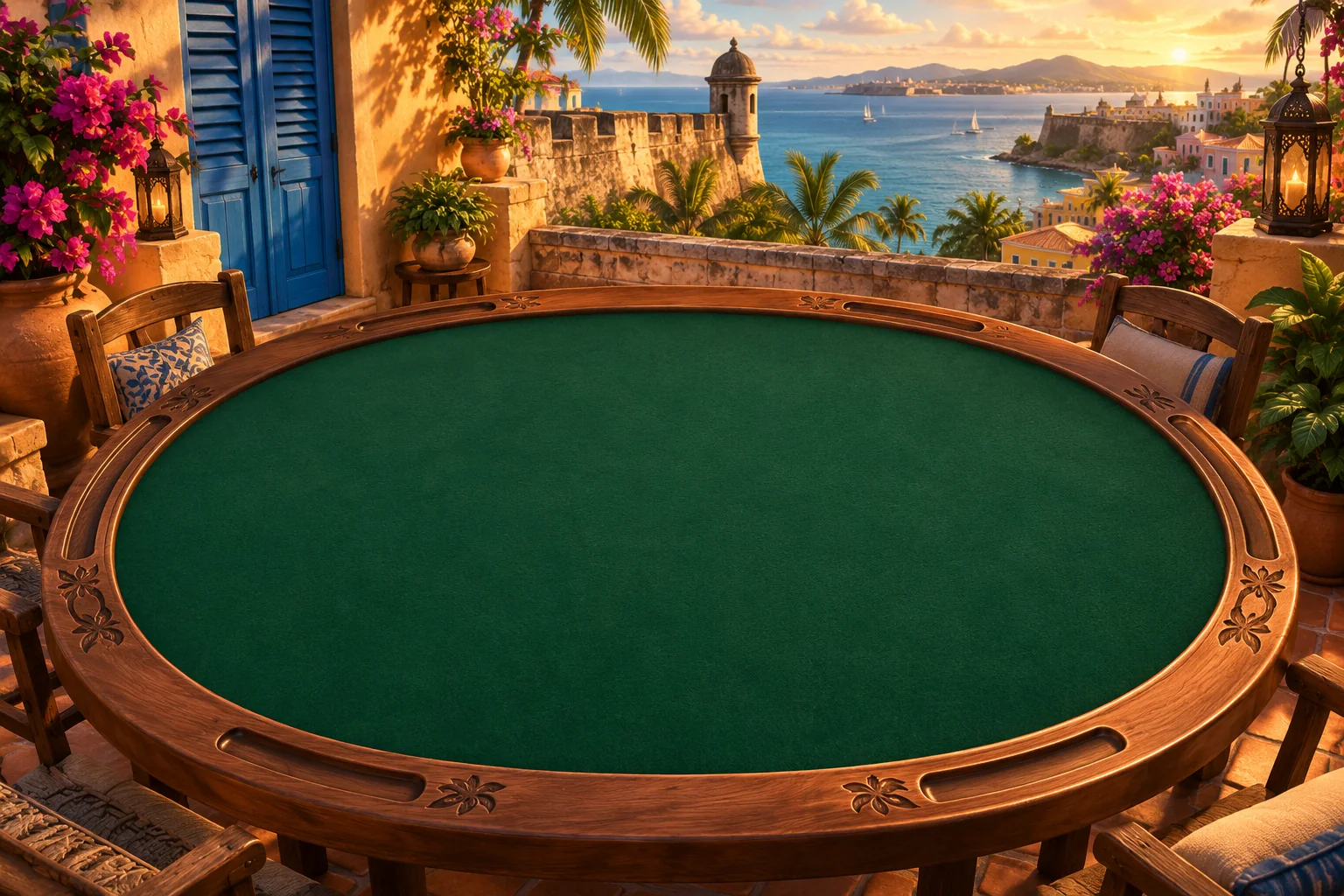 Original domino patio overlooking sunlit San Juan
