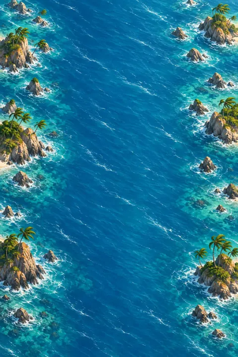 Wind-swept palms on rocky islets across an open blue sea
