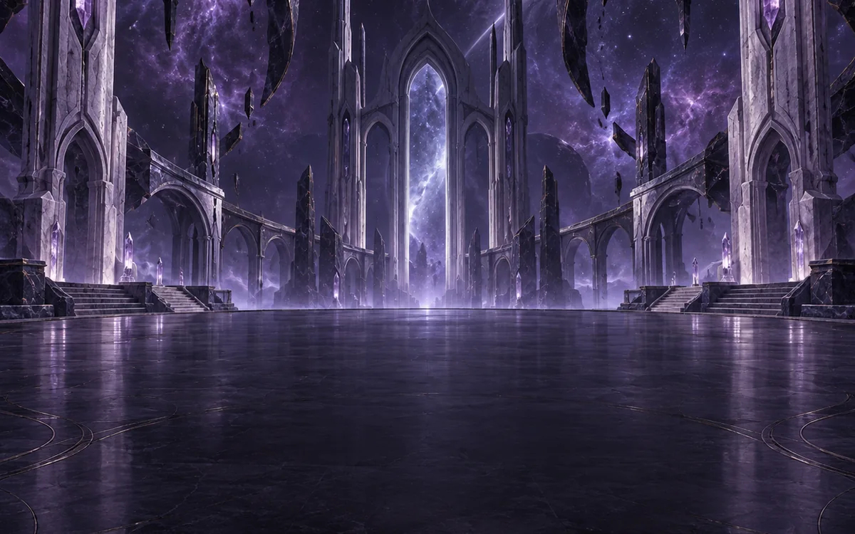 Violet celestial architecture suspended in a star-filled void