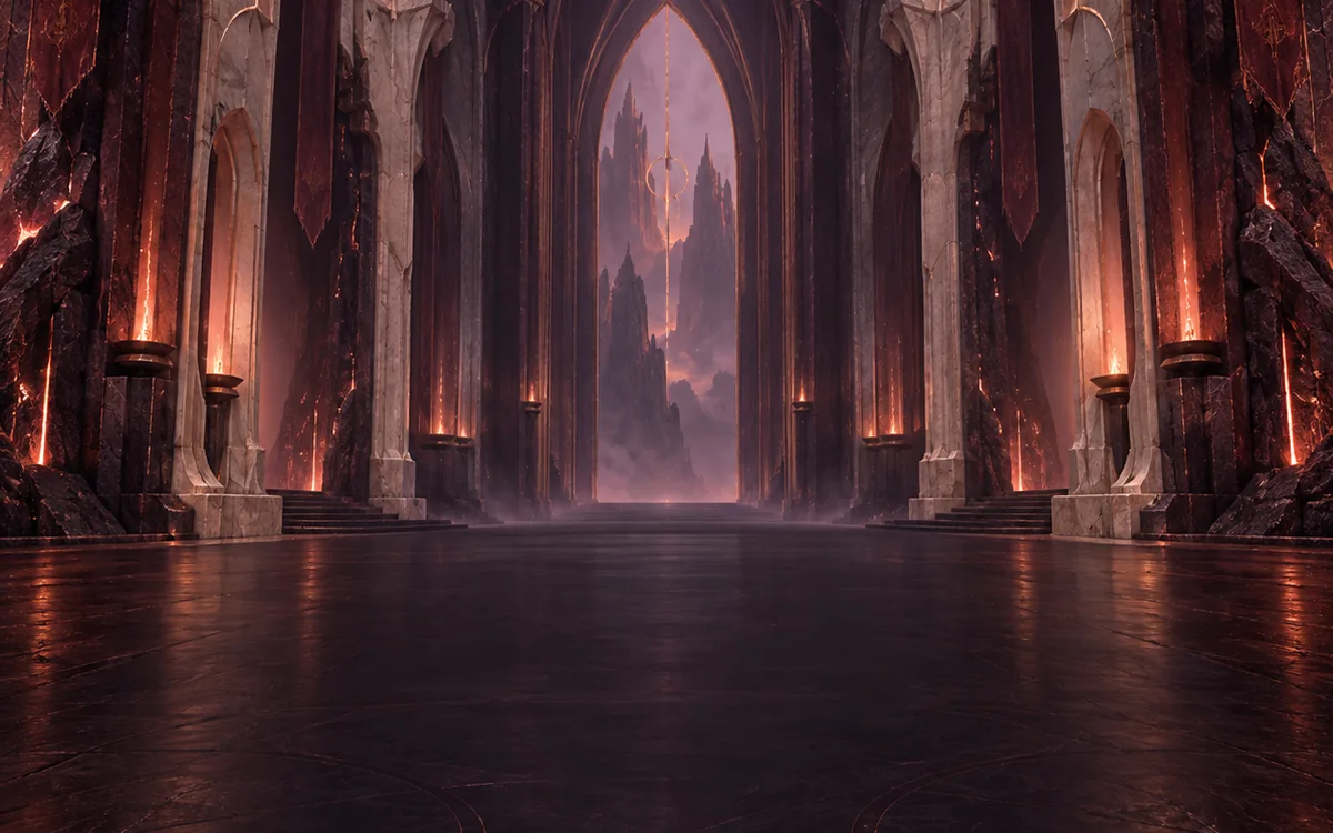 An immense stone dueling hall illuminated by coral embers