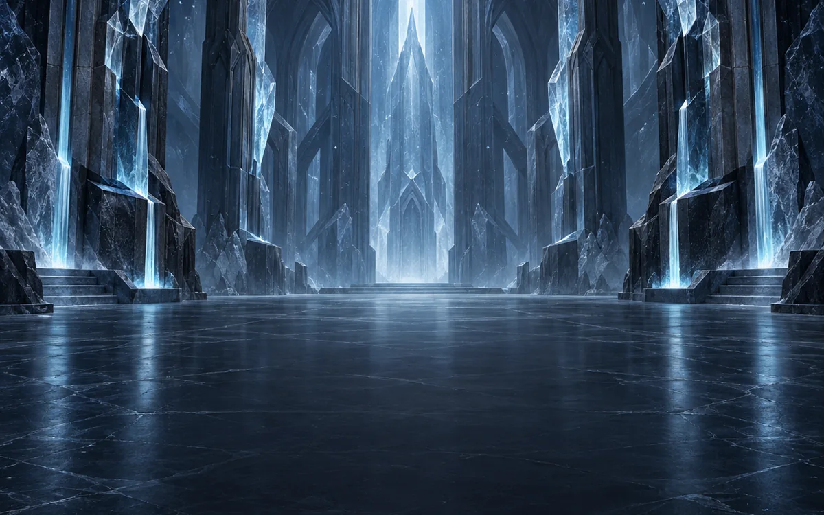 A crystalline dueling hall with ice-blue columns and a luminous distant arch