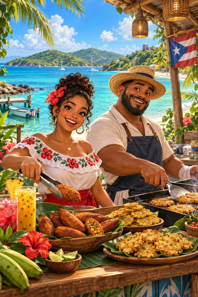 A beachside food stand overlooking turquoise water in Culebra