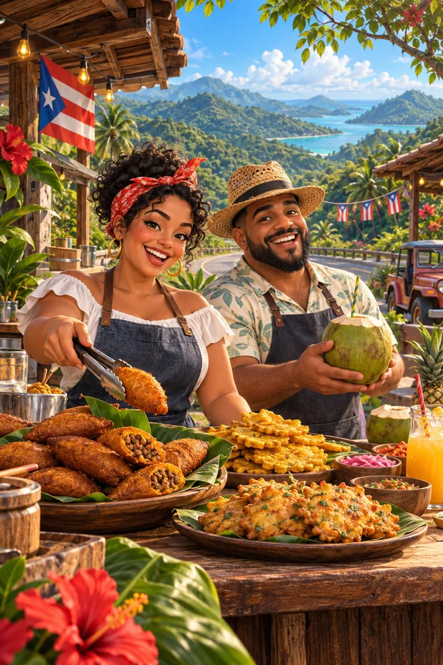 A welcoming mountain food kiosk surrounded by lush greenery in Guavate