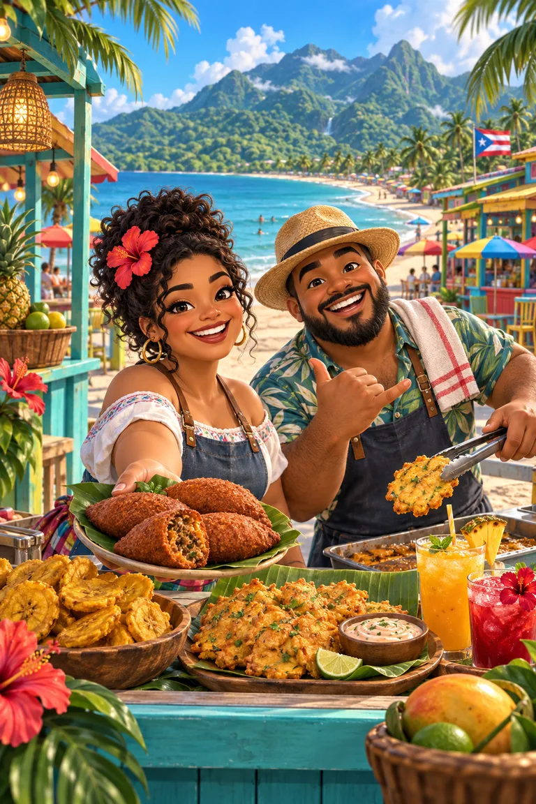 Two smiling cooks welcome guests to a colorful Puerto Rican beach kiosk